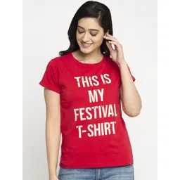 DOOR74 Women Red Printed Round Neck T-shirt-picture-40