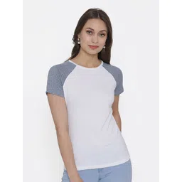 DOOR74 Women White & Grey Round Neck Cotton T-shirt-picture-23