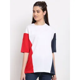 DOOR74 Women White & Red Colourblocked Drop-Shoulder Sleeves Boxy Cotton T-shirt-picture-21
