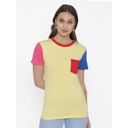DOOR74 Women Yellow & Pink Cotton T-shirt-picture-29