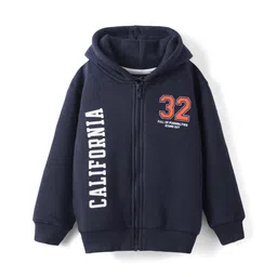 Doreme Fleece Knit Full Drop Shoulder Sleeves Hooded Sweatjacket with Text Print - Navy Blue-picture-35
