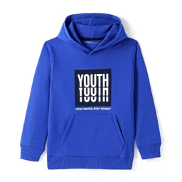 Doreme Lycra Knit Full Sleeves Hooded Sweatshirt Text Print & Kangaroo Pockets - Blue-picture-15