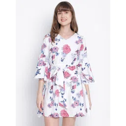 DRAAX Fashions Floral Printed V-Neck Bell Sleeves Tie-Ups Mini A-Line Dress-picture-16