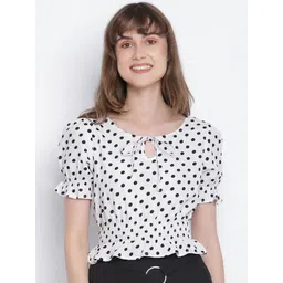 DRAAX Fashions Polka Dots Tie-Up Neck Puff Sleeve Smocking Top-picture-32
