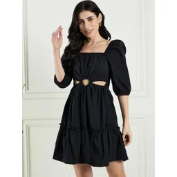 DRAPE AND DAZZLE Puff Sleeve Cotton Fit & Flare Dress with Cut-Outs-picture-30
