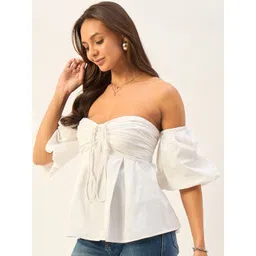 DRAPE AND DAZZLE Strapless Puff Sleeve Cotton Bardot Top image 4