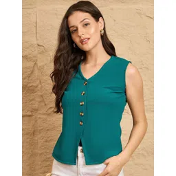 DRAPE AND DAZZLE Women V-Neck Vest Top With Button Details-picture-32