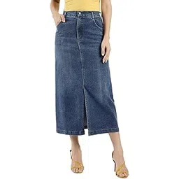 Women Solid A-Line Denim Skirt with Front Slit-image-40