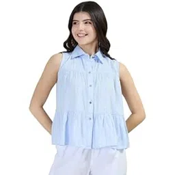Womens Collared Sleeveless Tierd Blue Top-image-0