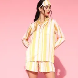 Drape In Vogue Women And Cream Stripes Night Suit - Yellow-image-9