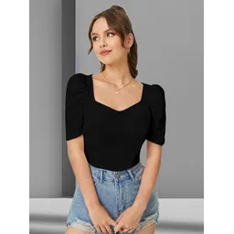 dream beauty fashion Casual Puff Sleeves Solid Women Black Top-picture-33
