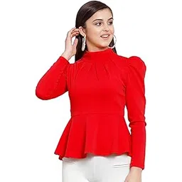 dream beauty fashion Polyester Blend High Neck Puff Sleeves Peplum Red Top (23" Inches) TikTok-Top-01-picture-25