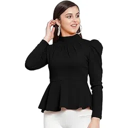 dream beauty fashion Polyester Blend High Neck Puff Sleeves Peplum Red Top (23" Inches) TikTok-Top-01-picture-17