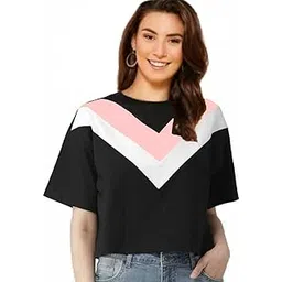 Dream Beauty Fashion Short Sleeves Color Block Casual Hosiery Crop Top (19" Inches)- T-382 Beauty Peach-M-picture-12