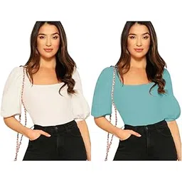 dream beauty fashion Women's Bishop Puff Sleeves Square Neck Slim Top Polyester Blend - Pack of 2 (Combo-EVA -P)-picture-36
