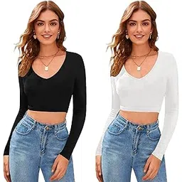 dream beauty fashion Women's Casual V Neck Long Sleeves Stylish Crop Tops- Pack of 2-17" Inches (Baati Black-Combo)-picture-48