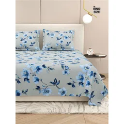 DREAM WEAVERZ Grey & Blue Floral 220 TC King Bedsheet with 2 Pillow Covers-picture-11