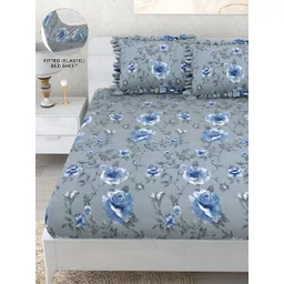 DREAM WEAVERZ Grey & Blue Floral 260 TC Fitted Bedsheet with 2 Frill Pillow Covers-picture-12