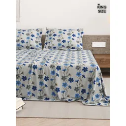 DREAM WEAVERZ Grey & Blue Floral Printed Cotton 220 TC King Bedsheet Set 2.75m x 2.55m-picture-14