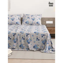 DREAM WEAVERZ Grey & Blue Floral Pure Cotton 220 TC King Bedsheet Set-2.75 m x 2.55 m-picture-13