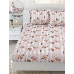 DREAM WEAVERZ Pink Floral Printed Fitted 260 TC Double King Bedsheet with 2 Pillow Covers-picture-27