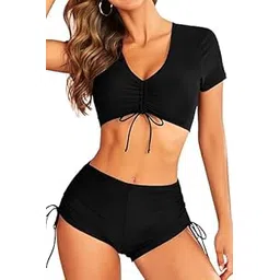 dream x fashion Women's V-Neck Ruched Crop Top & High-Waist Bikini Set - Bikini Set Woman-picture-13