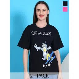 Dreambe Women Pack Of 2 Mickey Mouse Fusion Graphic Printed Cotton Oversized T-shirts-picture-17