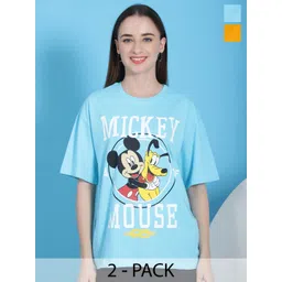 Dreambe Women Pack Of 2 Mickey Mouse Fusion Graphic Printed Cotton Oversized T-shirts-picture-23