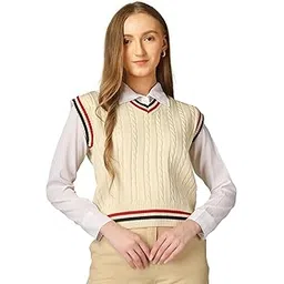 dreamdiva Women’s Knitted V-Neck Sweater Vest – Sleeveless Pullover with Striped Hem-picture-39