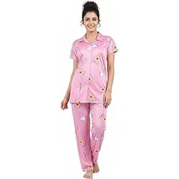 dreamira Women's Satin Flower Printed Night Suit Set of Shirt & Pyjama-picture-56
