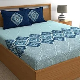Dreamscape 100% Cotton King Fitted Bedsheet with 2 Pillow Covers - (Size 72 x 78 inches, 140 TC, Colour - Blue)-image-20