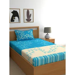 Dreamscape Blue & Off White Floral 140 TC Pure Cotton Single Bedsheet with 1 Pillow Covers-image-46