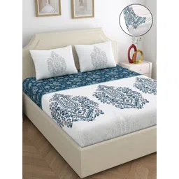 Dreamscape Blue & White Ethnic Motifs 200 TC King Bedsheet with 2 Pillow Covers-picture-13