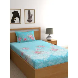 Dreamscape Blue Cotton 140 TC Single Bedsheet With 1 Pillow Cover-image-36