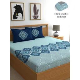 Dreamscape Blue Ethnic Motifs 140 TC Fitted Cotton King Bedsheet & Pillow Covers-image-45