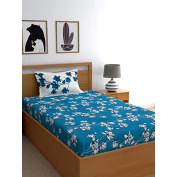 Dreamscape Blue Floral 144 TC Cotton 1 Single Bedsheet with 1 Pillow Covers-image-1