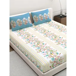Dreamscape White & Blue Floral Pure Cotton 200 TC King Bedsheet Set-2.49 m X 2.74 m-image-49