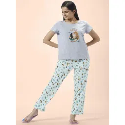 Dreamz by Pantaloons Grey Blue Cotton Printed T-Shirt Pyjama Set-picture-24
