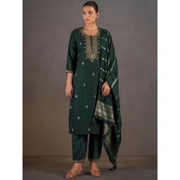 DRESOUL Floral Embroidered Sequinned Straight Kurta With Trouser & Dupatta-picture-25