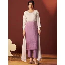 DRESOUL Ombre Dyed Thread Work Chanderi Cotton Kurta With Churidar & Dupatta-picture-35