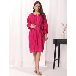 DRESOUL Women Floral Self Design Schiffli Pure Cotton Fit and Flare Dress image 1