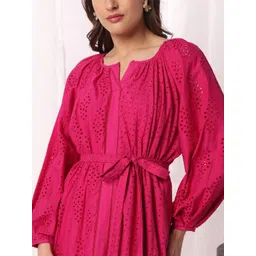 DRESOUL Women Floral Self Design Schiffli Pure Cotton Fit and Flare Dress image 5