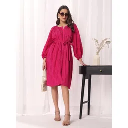 DRESOUL Women Floral Self Design Schiffli Pure Cotton Fit and Flare Dress image 2