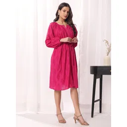 DRESOUL Women Floral Self Design Schiffli Pure Cotton Fit and Flare Dress image 4