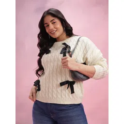 DressBerry Curve Cable Knit Applique Detail Round Neck Pullover-picture-40