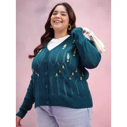 DressBerry Curve Floral Self Design V-Neck Knitted Cardigan-picture-30