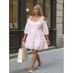 DressBerry Curve Solid Cold-Shoulder Lace Inserts A-Line Dress-picture-11