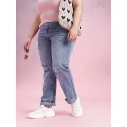 DressBerry Curve Women Mildly Distressed Light Fade Straight Fit Stretchable Jeans-picture-30