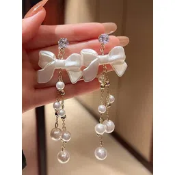 DressBerry Artificial Stones Studded Contemporary Korean Tasselled Drop Earrings-picture-16