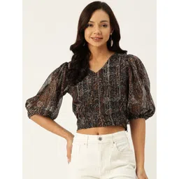 DressBerry Black Floral Printed Puff Sleeves Georgette Crop Top-image-28